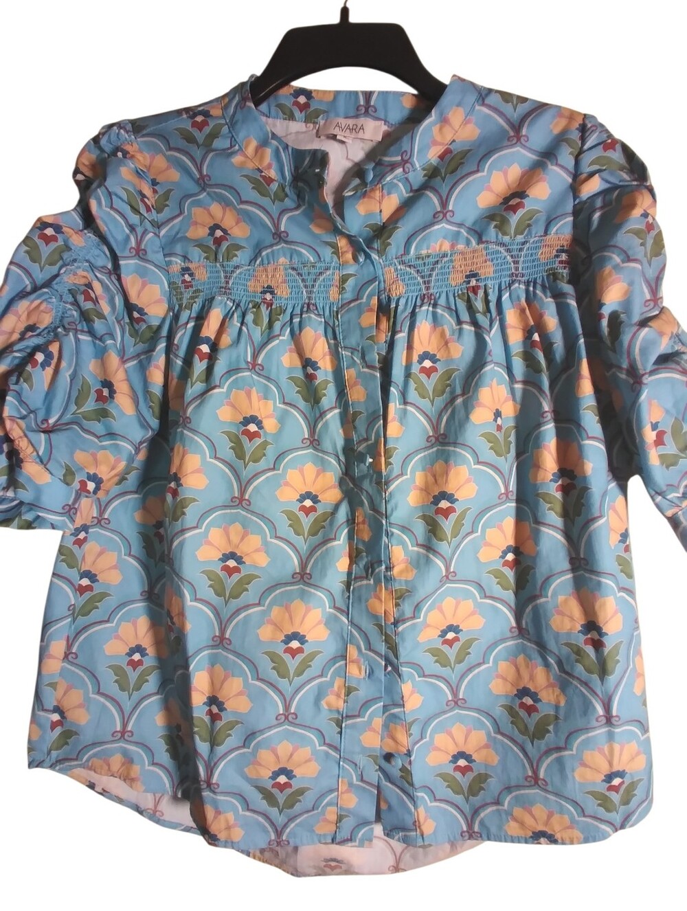 Avara 100% Cotton Floral 3/4 Rouched Sleeve Button Front Top Size S Workwear